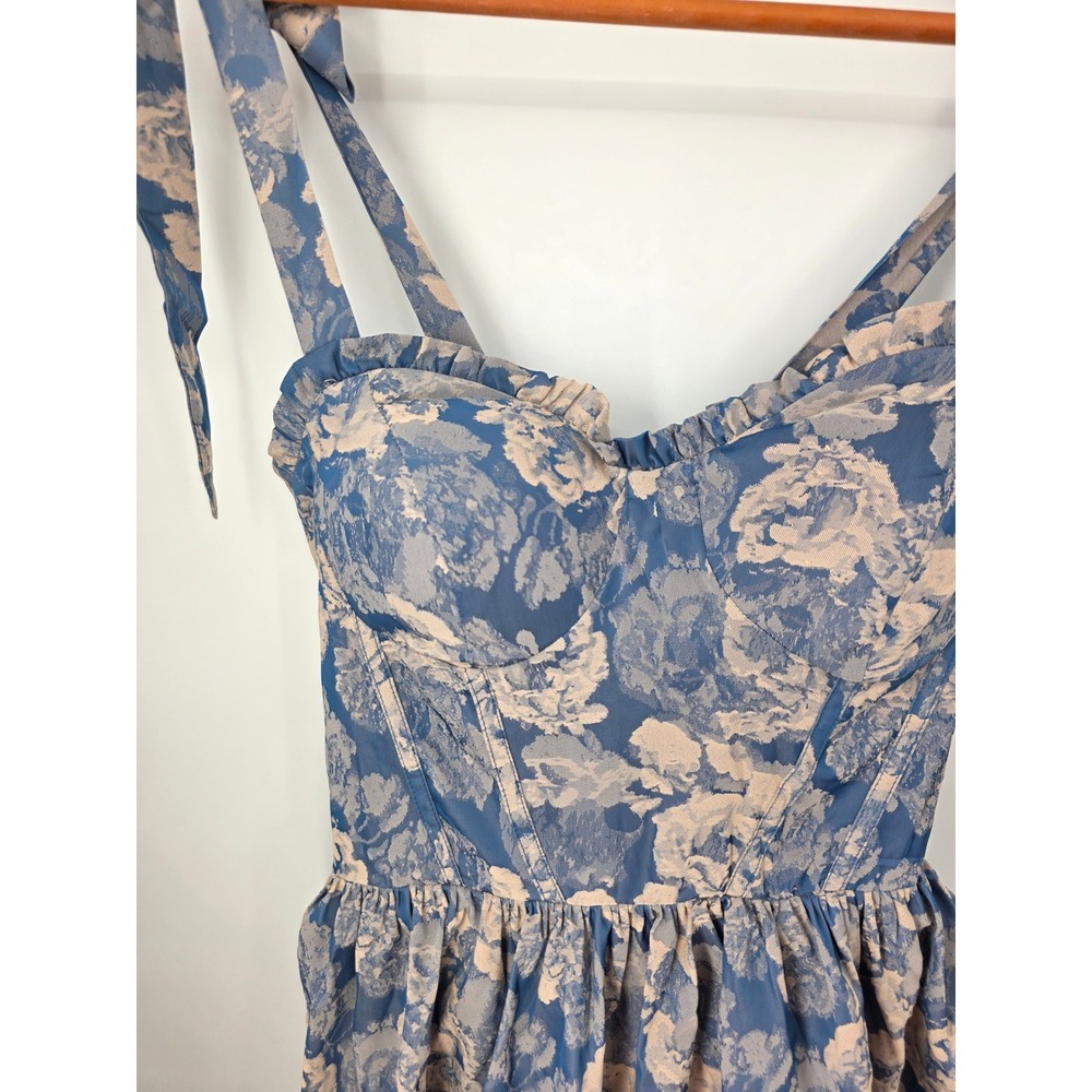 Lulus Lovely Bliss Blue Floral Jacquard Strapless Bustier Midi Dress Size Medium - Picture 7 of 10